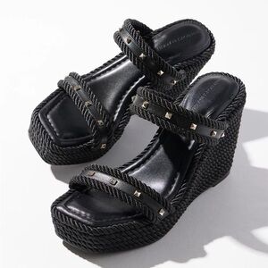 White House Black Market Women’s 10 Black Studded Rope Wedge Espadrille Sandals